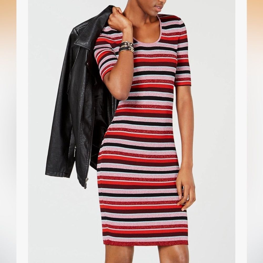 Bar III Ribbed Sweater Dress in Pink Red Black Shimmer Stripe Size L